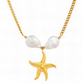 Collier Étoile de Mer, Acier Inoxydable Plaqué Or 18K avec Imitation Perle, Chaîne 45cm + 5cm, Bijou Étanche et Hypoallergénique