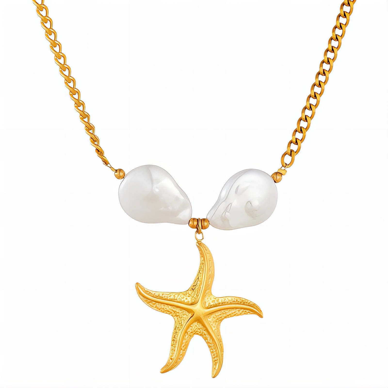 Collier Étoile de Mer, Acier Inoxydable Plaqué Or 18K avec Imitation Perle, Chaîne 45cm + 5cm, Bijou Étanche et Hypoallergénique