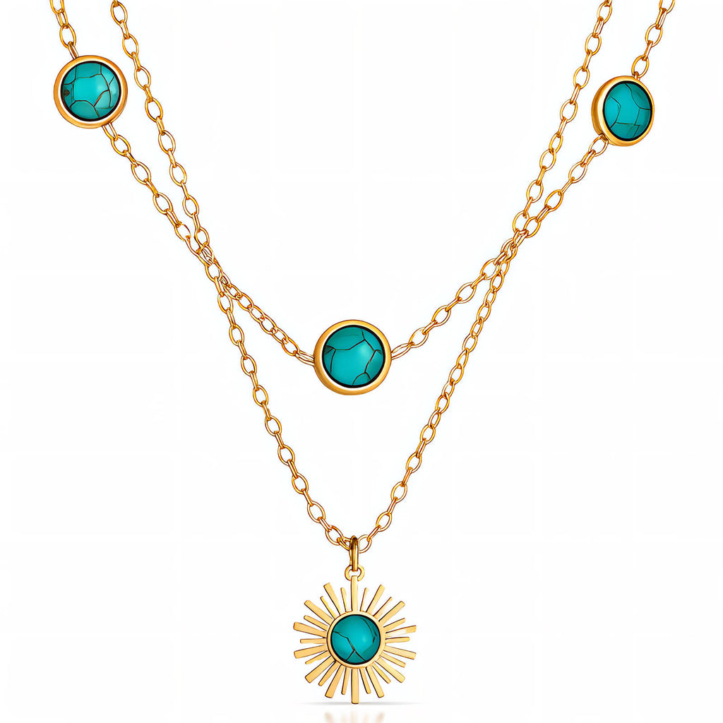 Collier Soleil, Acier Inoxydable Plaqué Or 18K, Accents en Pierre Turquoise, Design à Chaînes Superposées, Imperméable et Hypoallergénique, Longueur 40-50cm