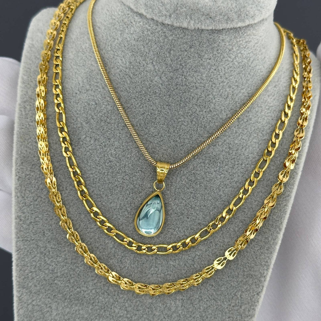 Collier pendentif goutte d'eau en acier inoxydable plaqué or 18K avec pierre oeil de chat bleu, bijou hypoallergénique et étanche, chaîne 41,5cm + 5cm
